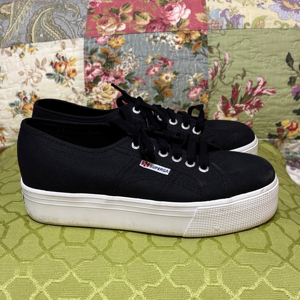 NWT Superga Black Canvas Platform Sneakers with White Sole - Picture 6 of 11